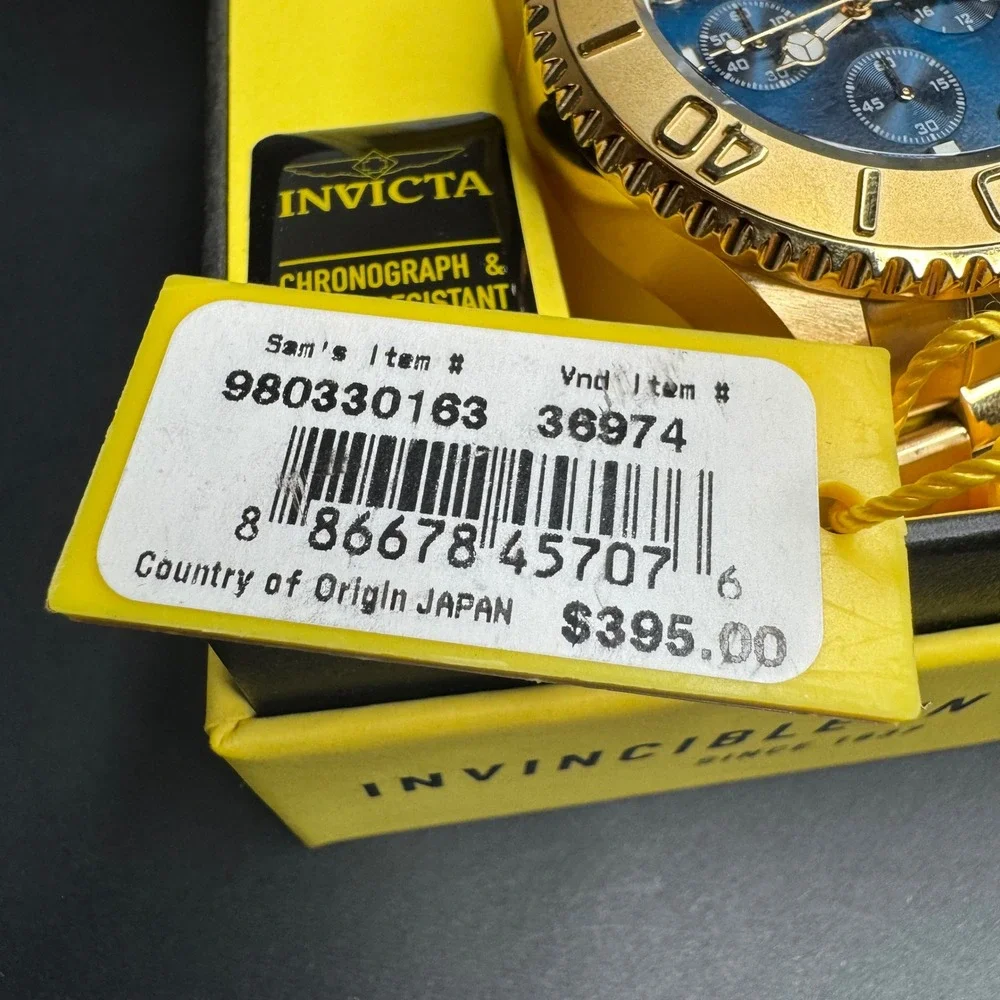 Invicta Pro Diver Chronograph Gold Tone Blue Dial Mens Watch 36974 New